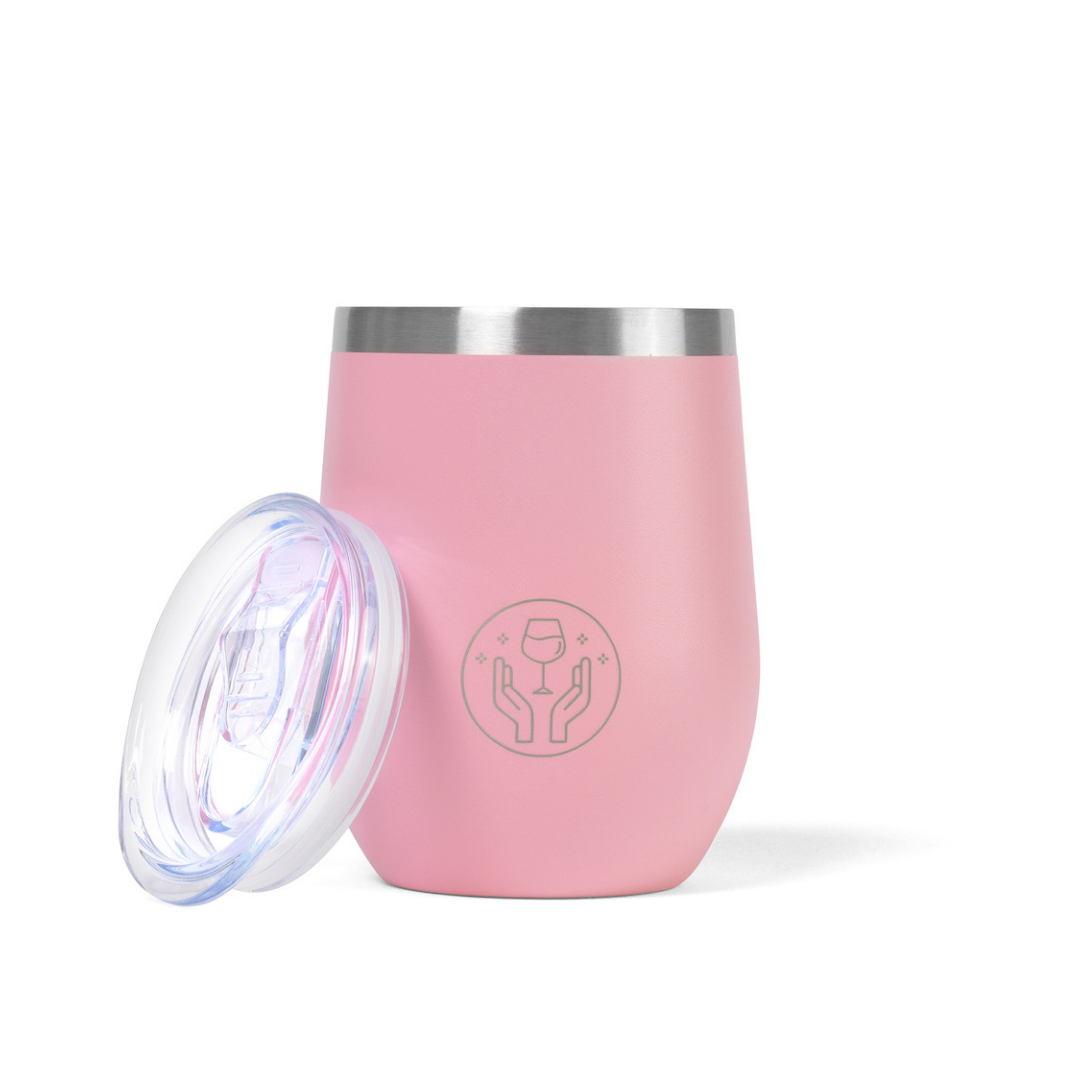 Partner in Wine Insulated Wine Tumbler Pink comes with a lid