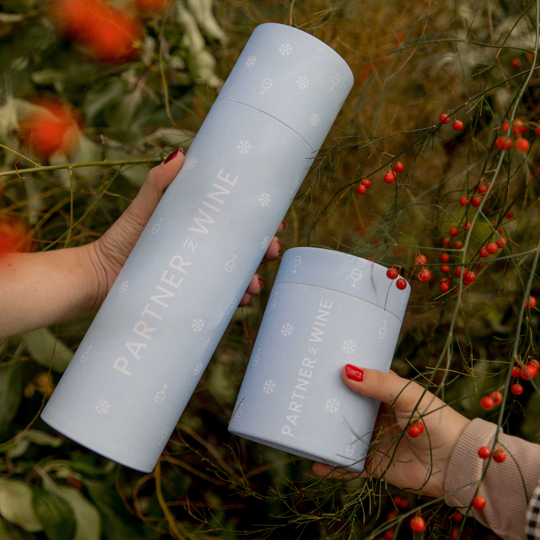 The Partner in Wine frost bottle and tumbler in frost tube packaging